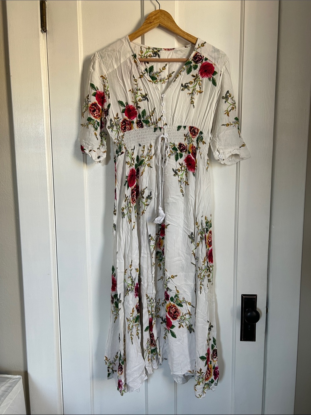 White Floral Midi Dress with Smocked Waist